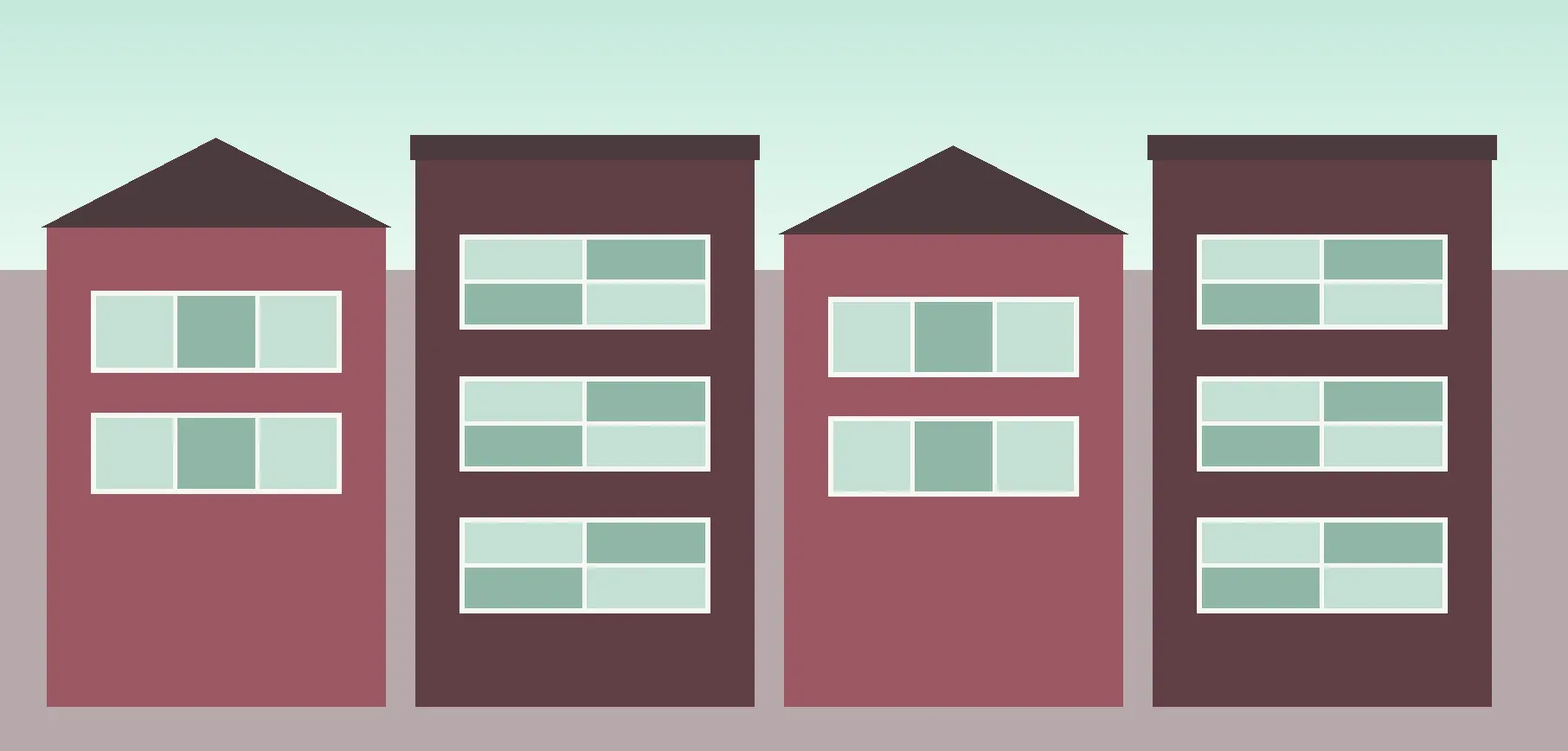 Vlakke tekening, geen foto: vier huisblokken naast elkaar in rood en donkerrood, twee met een puntdak en twee met een plat dak, met in totaal tien vensters van licht groen en groen rechthoeken.
